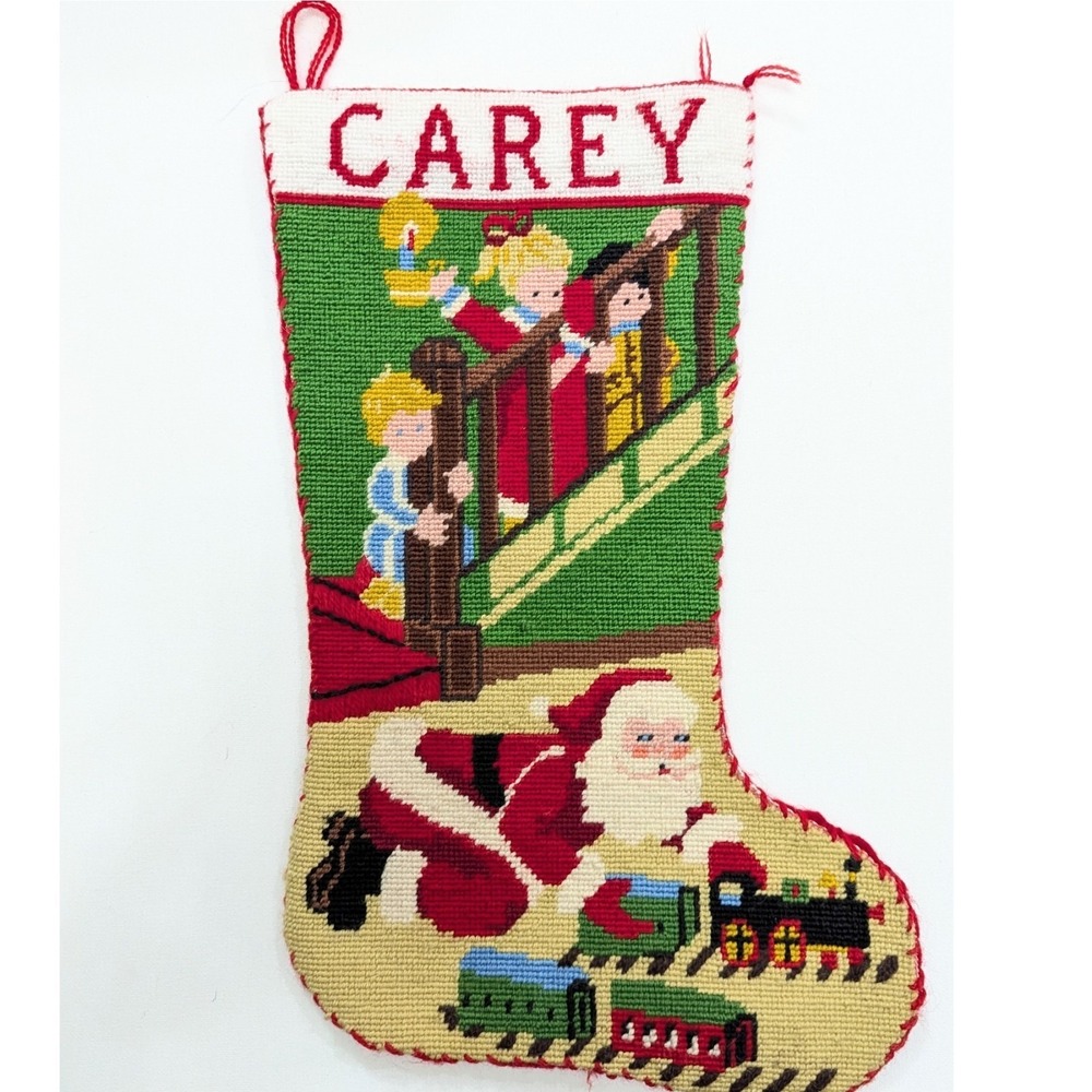 Vintage Needlepoint Stocking Santa Train Kids Stairs Quality Handmade w/Name